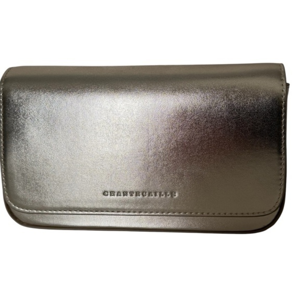 Chantecaille Gold Metallic Fold Over Snap Closure Cosmetic Makeup Bag